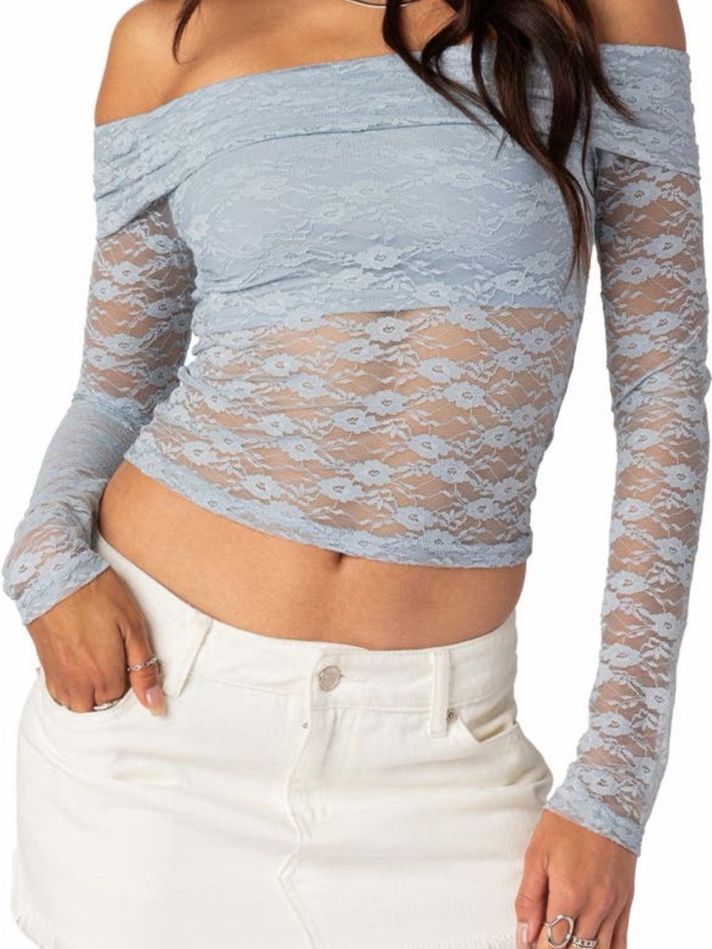 Edikted Light Blue Off-Shoulder Lace Long Sleeve Top